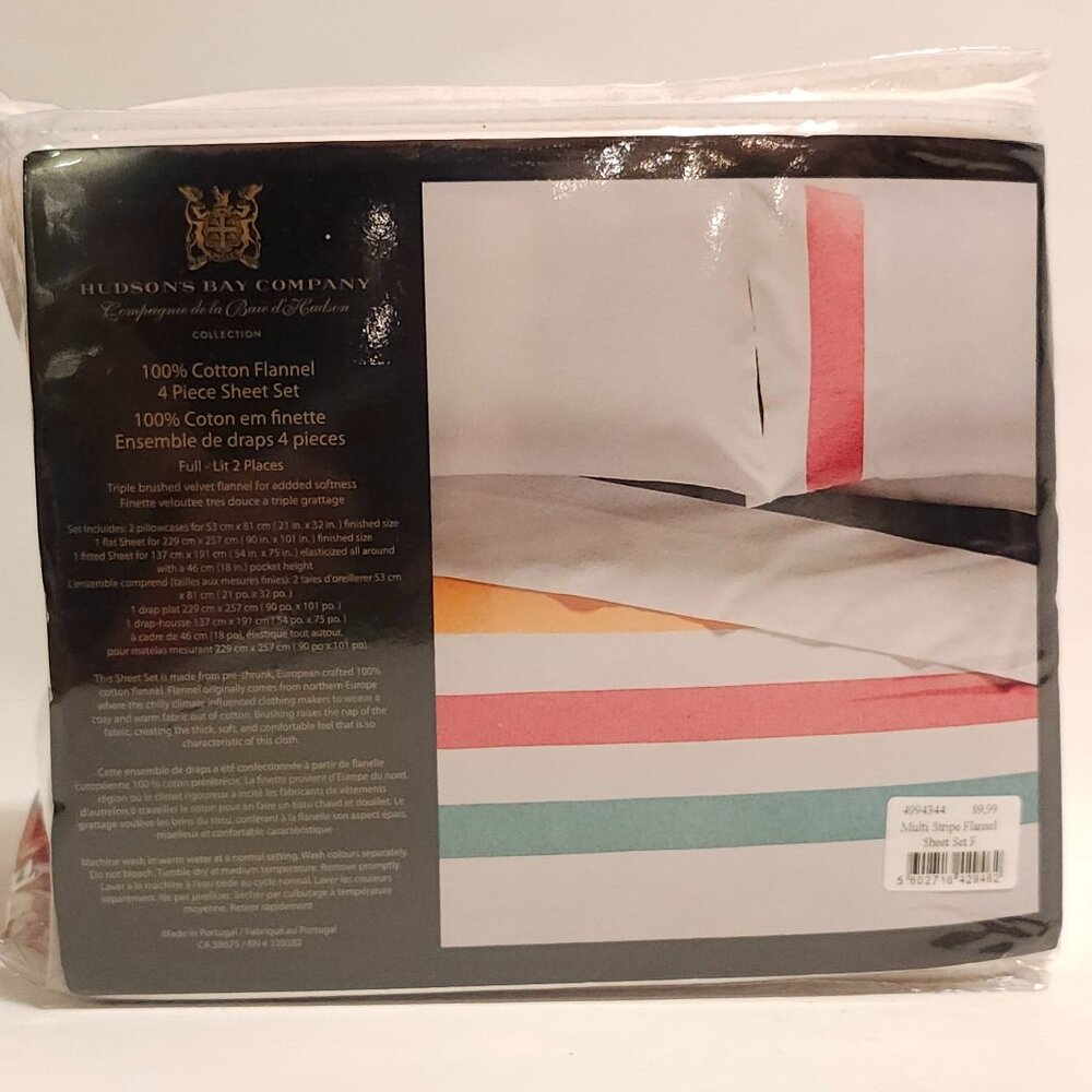 Hudson’s Bay Stripes Flannel Full Bed Sheet Set, White BNIP